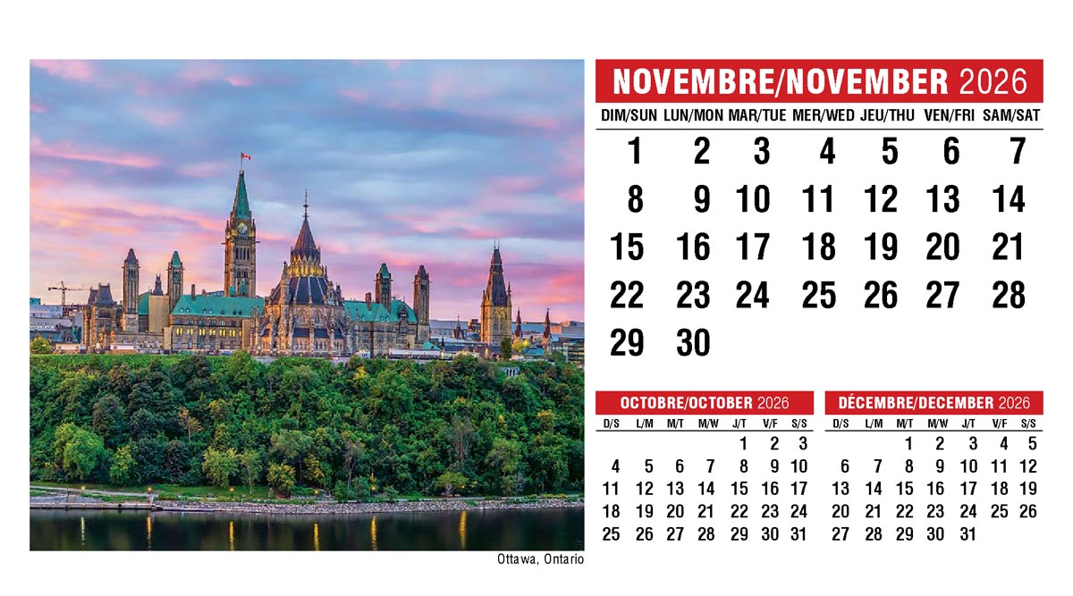 Galleria Canadian Scenes( ENG/Fr) Promotional Desk Calendar- 2026
